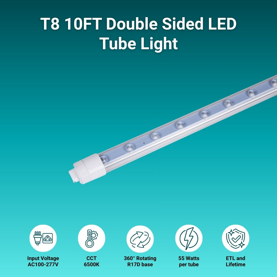 T8 10FT Double Sided LED Tube Light on a teal background with specifications listed.