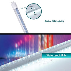 LED strip light with double side lighting feature and waterproof IP44 rating on a white background.