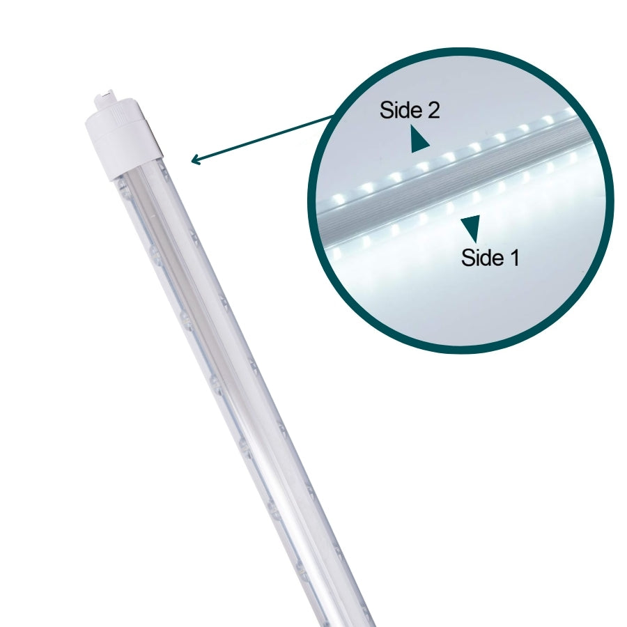 10ft LED tube light with a close-up inset showing 'Side 1' and 'Side 2'.