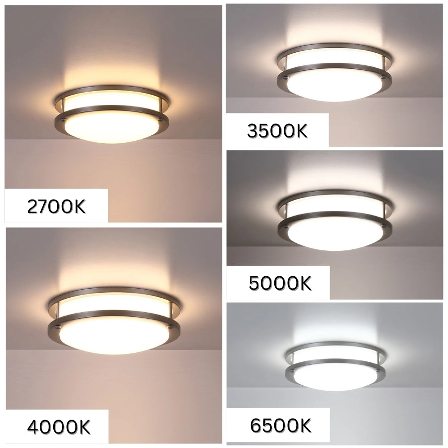 Ceiling light fixture with color temperature labels on a neutral background at fliptoled