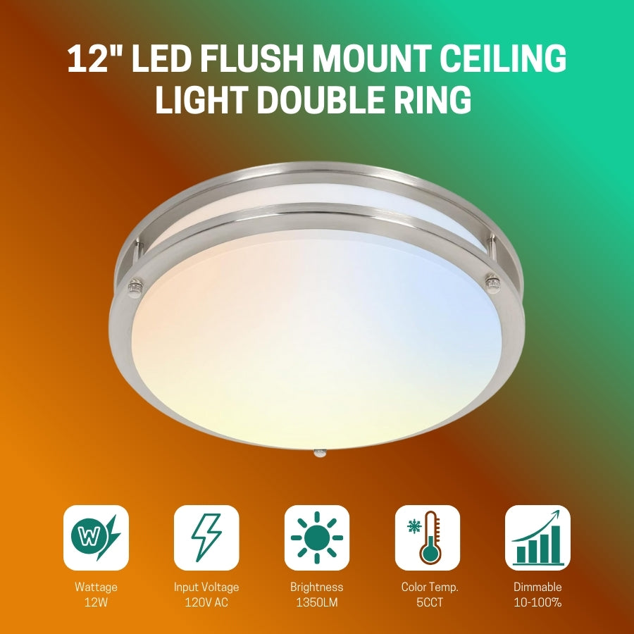 12" LED Flush Mount Ceiling Light Double Ring with specifications on a gradient background at fliptoled