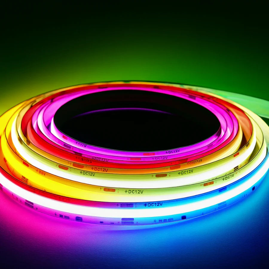 12v rgb led strip lights on a dark background at fliptoled.com