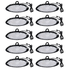 Set of 10 LED work lights with black fixtures on a white background