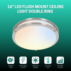16" LED Flush Mount Ceiling Light Double Ring with specifications on a green background at fliptoled