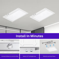 Ceiling lights being installed with text 'Install In Minutes' and steps shown below.