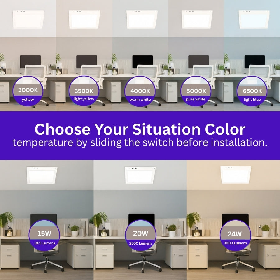 Office setting with computer desks and chairs, featuring different color temperature and wattage options for ceiling lights.