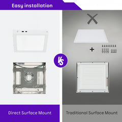 Comparison of direct surface mount and traditional surface mount installations with text 'Easy installation' and 'Direct Surface Mount vs Traditional Surface Mount'.