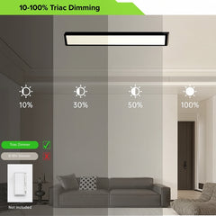 Living room with a ceiling light fixture and dimming indicators on a gray wall.