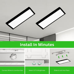 Two rectangular ceiling lights with installation steps on a gray background