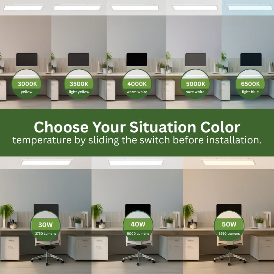 Display of office setup with different 1x4 led fixture light color temperatures and power ratings.