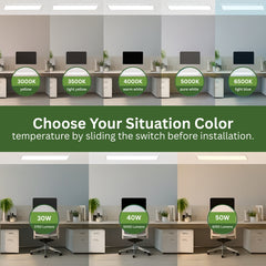 Display of office setup with different 1x4 led fixture light color temperatures and power ratings.