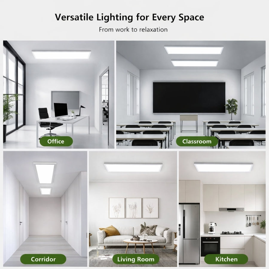 Collage of different rooms with text 'Versatile Lighting for Every Space' and labels for office, classroom, corridor, living room, and kitchen.