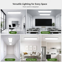 Collage of different rooms with text 'Versatile Lighting for Every Space' and labels for office, classroom, corridor, living room, and kitchen.