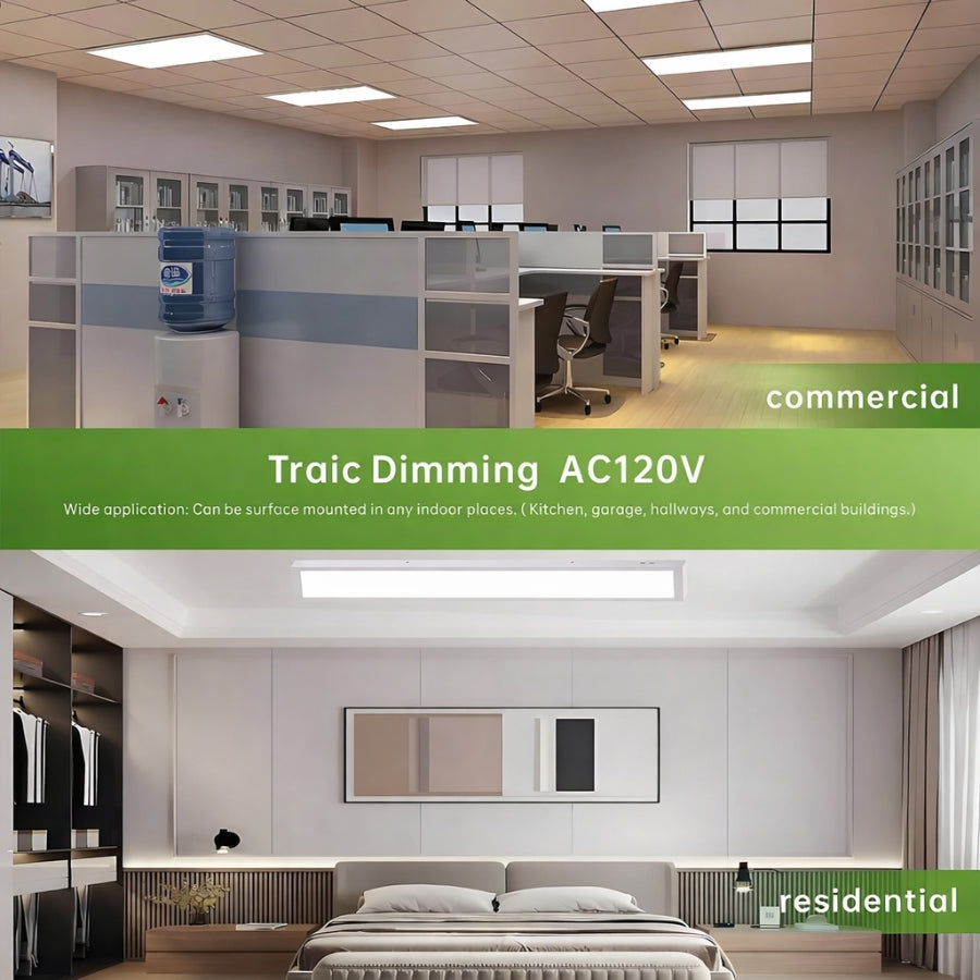 Two different interior settings with text indicating 'commercial' and 'residential' uses for Traic Dimming AC120V.