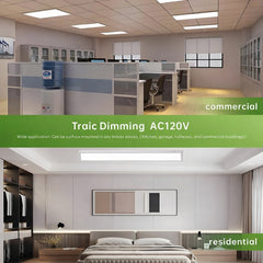 Two different interior settings with text indicating 'commercial' and 'residential' uses for Traic Dimming AC120V.