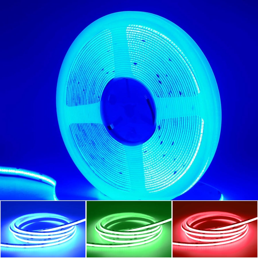 Roll of LED strip light with color options displayed below on a blue background, 24V COB LED Strip Light
