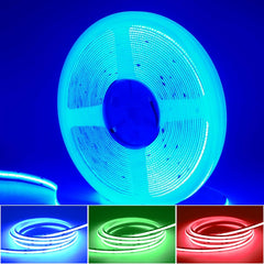 Roll of LED strip light with color options displayed below on a blue background, 24V COB LED Strip Light