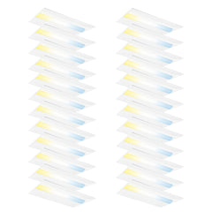 Stack of small packets with yellow and blue labels on a white background