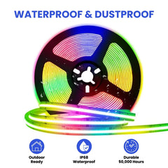 Multicolored LED strip light with waterproof and dustproof features on a white background