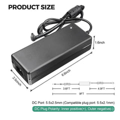 Black power adapter with measurements and specifications on a white background, 24V DC Power Supply at fliptoled