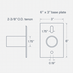 Technical drawing of a 6" x 3" base plate with dimensions labeled
