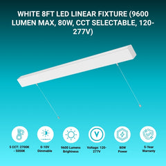8FT LED Linear Light, 80W 9600lm 2700K/3000K/3500K/4000K/5000K Selectable, 0-10V Dimmable Suspended/Wall/Recessed Linear Light Fixture for Office, Retail, Showroom, ETL & DLC Premium Listed