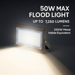 50W Max LED Flood Light with Yoke Mount — Selectable Wattage 30W/40W/50W & 3CCT (3000K–5000K), 7,250 Lumens, Photocell Included, 0-10V Dimmable, IP65 Waterproof, 250W MH Equivalent, UL/DLC Premium, 50,000 Hrs, 5-Year Warranty