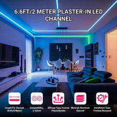 6.6FT/2M, LED Aluminum Channel with Milky Diffuser, Trimless Recessed Drywall Aluminum Channel Diffuser Profile for Strip Light on Wall and Ceiling