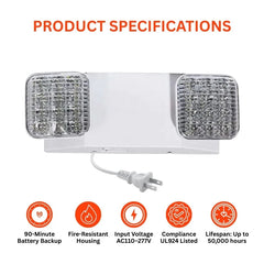 LED Emergency Lights, Commercial Lighting for Business, Power Outages, Offices, with Backup Battery (90 Minutes), Wall Mount, Hard Wired, 120-277V, Fire Resistant (94V-0) UL