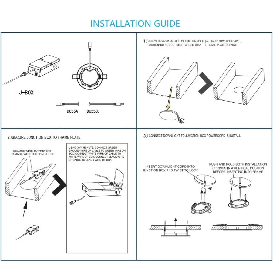 Installation guide for a downlight with step-by-step illustrations and text at fliptoled