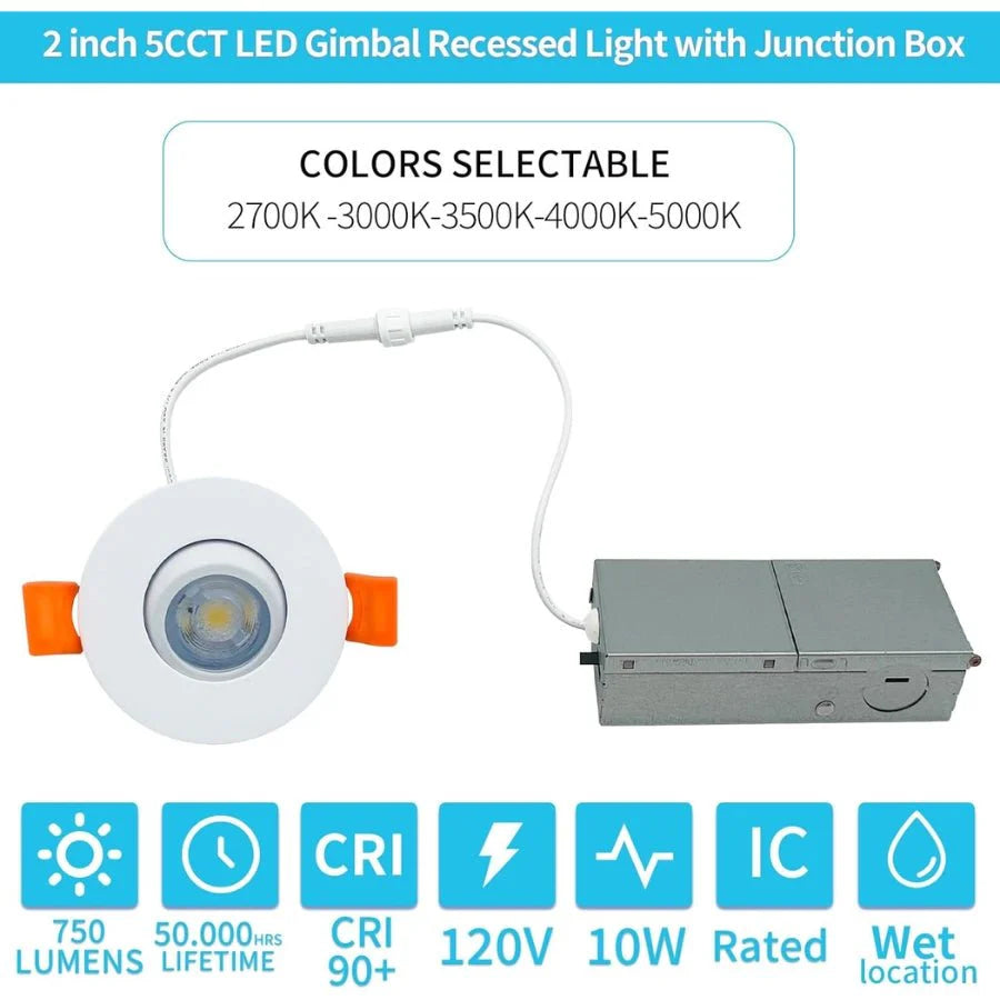 2-inch 5CCT LED Gimbal Recessed Light with Junction Box on a white background at fliptoled
