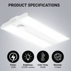 165W Linear LED High Bay Light with PIR Motion Sensor, 22,440 Lumens, 5000K Daylight, DLC 5.1 Premium, 400W MH Equivalent, Frosted PMMA Lens, 120-277V, Suspended Mounting, Warehouse & Industrial Lighting