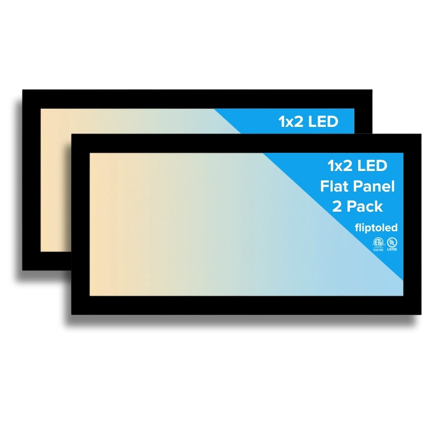 Two LED flat panel displays with packaging labeled '1x2 LED Flat Panel 2 Pack' on a white background.