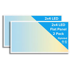Two 2x4 led flat panel light surface mount with packaging labeled '2x4 LED Flat Panel 2 Pack' on a white background.
