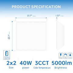 2x2 LED Flat Panel Light Emergency Battery Backup Product specification chart with dimensions, power rating, color temperature, and brightness on a blue background.