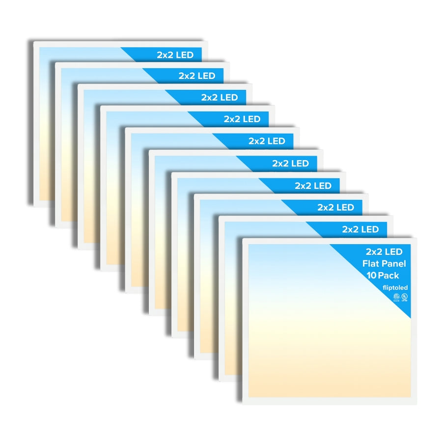 Packaging of 2x2 LED flat panels with gradient color design on a white background