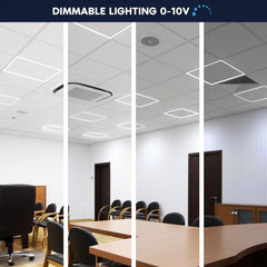 Collage of a conference room with different lighting conditions, highlighting dimmable lighting feature.