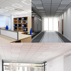Collage of office interior with desks, bookshelves, and large windows.