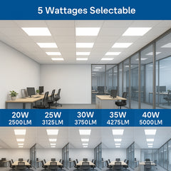 Modern office interior with ceiling lights labeled for wattage and lumens.