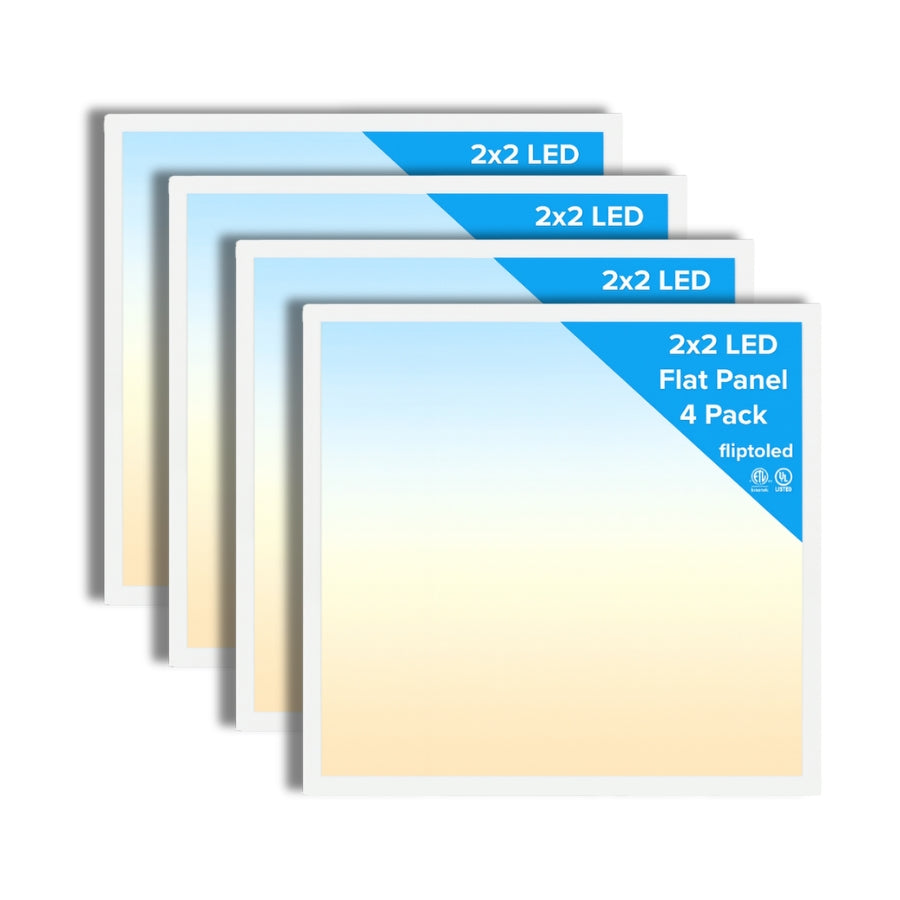 Four packages of 2x2 LED flat panels with blue and white labels on a white background.