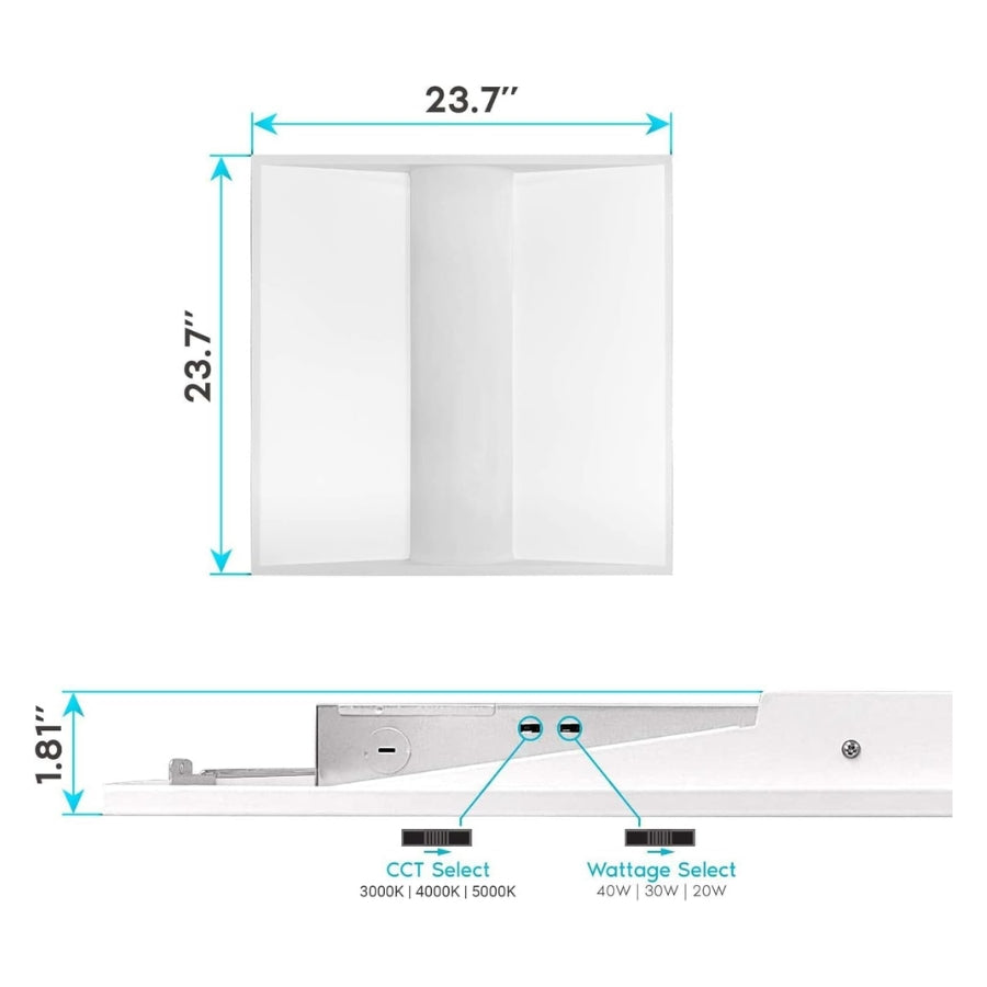 Measurement chart of a 2x2 led troffer lights fixture with dimensions and control options.