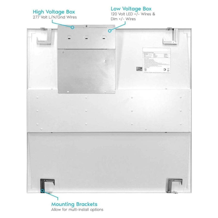 Electrical box of 2x2 led troffer lights
with labeled high voltage, low voltage, and mounting brackets on a white background