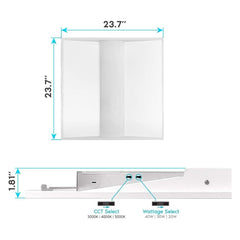 Measurement chart of a 2x2 led troffer lights fixture with dimensions and control options.