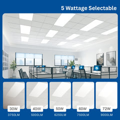 Modern office interior with ceiling lights and wattage options displayed below.
