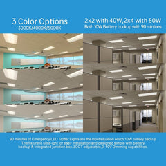 Commercial office space with ceiling lights and text about color options and specifications.