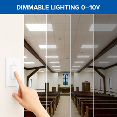 Hand adjusting a light switch in a church with dimmable lighting 0-10V text at the top.