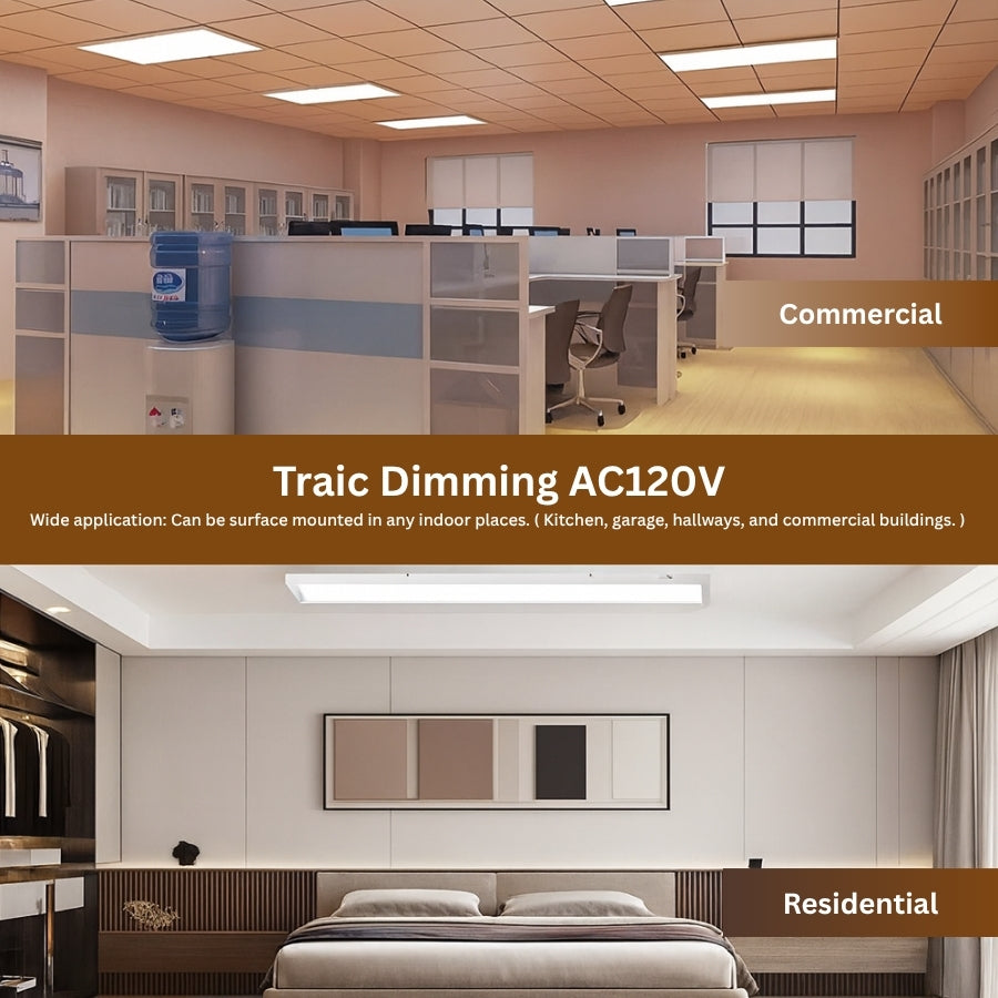 Commercial office space with Traic Dimming AC120V lighting system and a bedroom with the same lighting system.