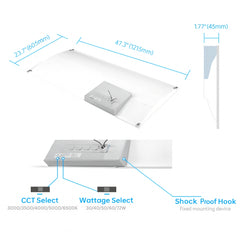 Measurement chart of a light fixture with dimensions and features labeled.