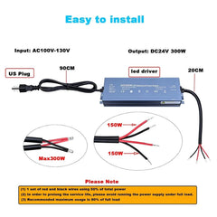24V LED Driver 300W Waterproof IP67 Outdoor Power Supply – Transformer Adapter AC100V-130V to DC24V 12.5A, 3 Pin Plug for LED Strips, Signage, Landscape Lights