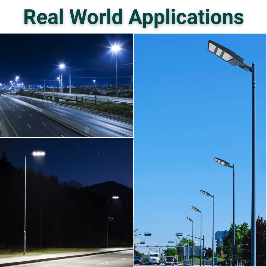 Collage of street lights in various settings with text 'Real World Applications'.
